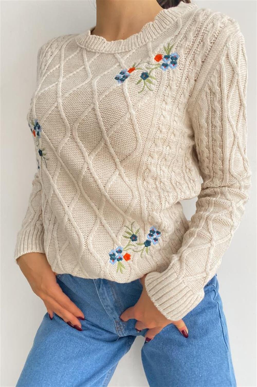 Floral Embroidered Beige Knitted Sweater
