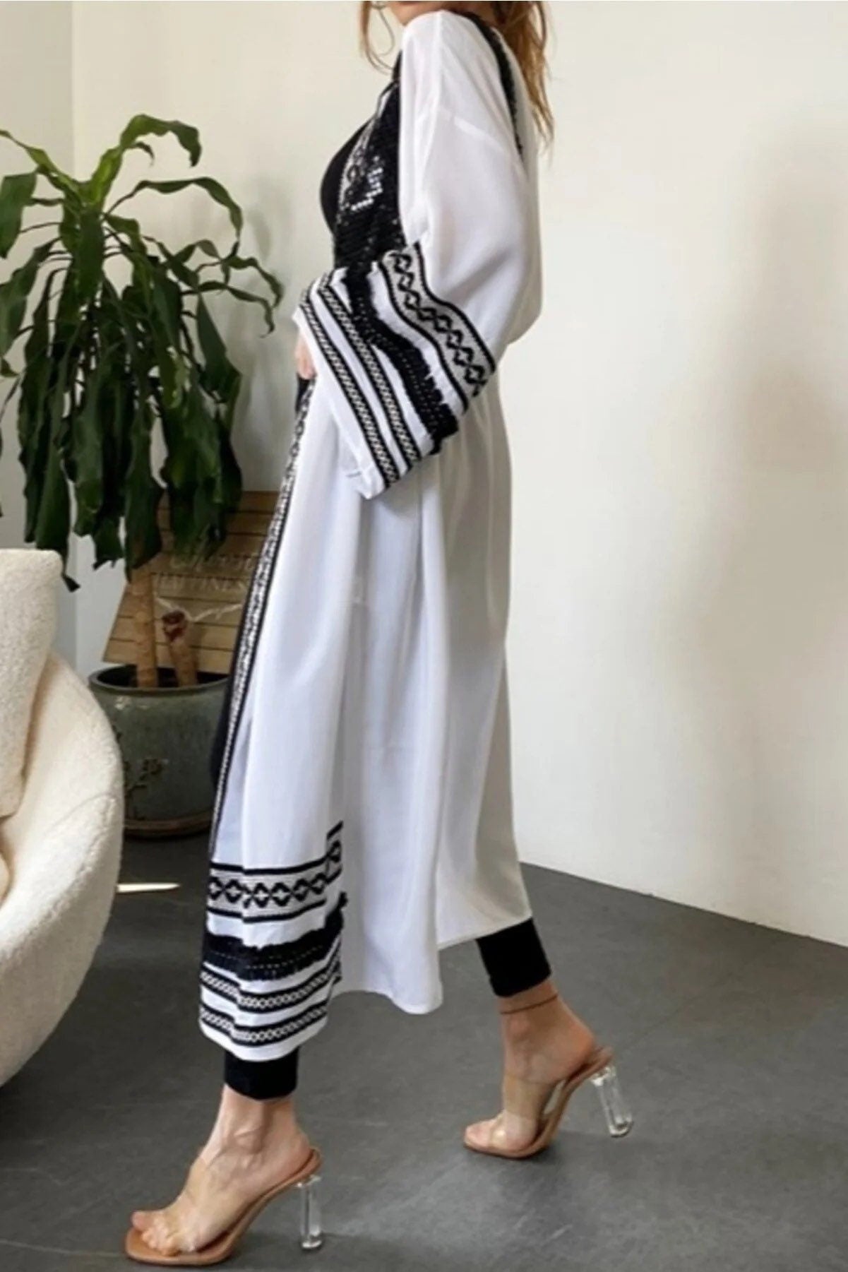 Long White Ethnic Embroidered Kimono
