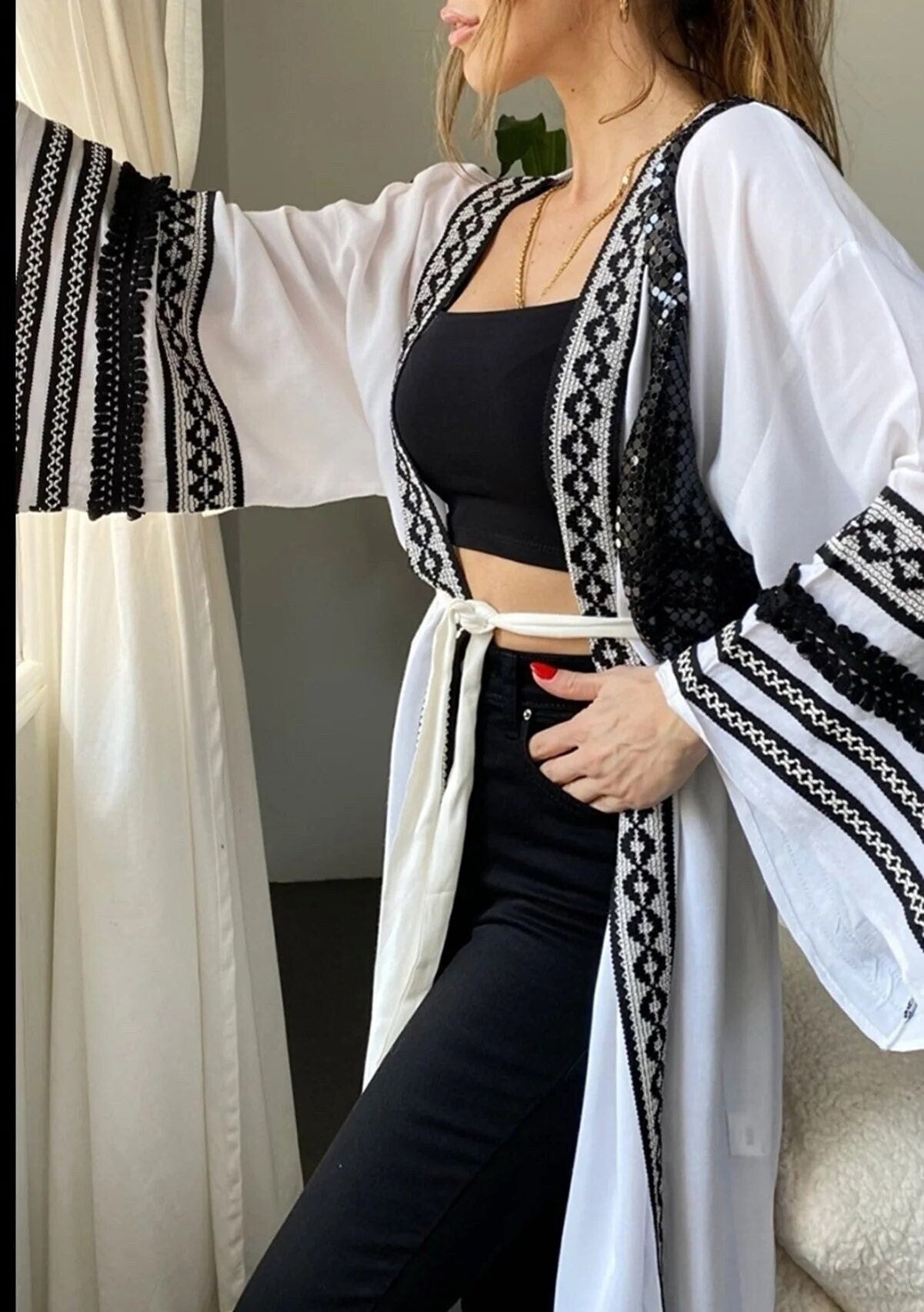 Long White Ethnic Embroidered Kimono