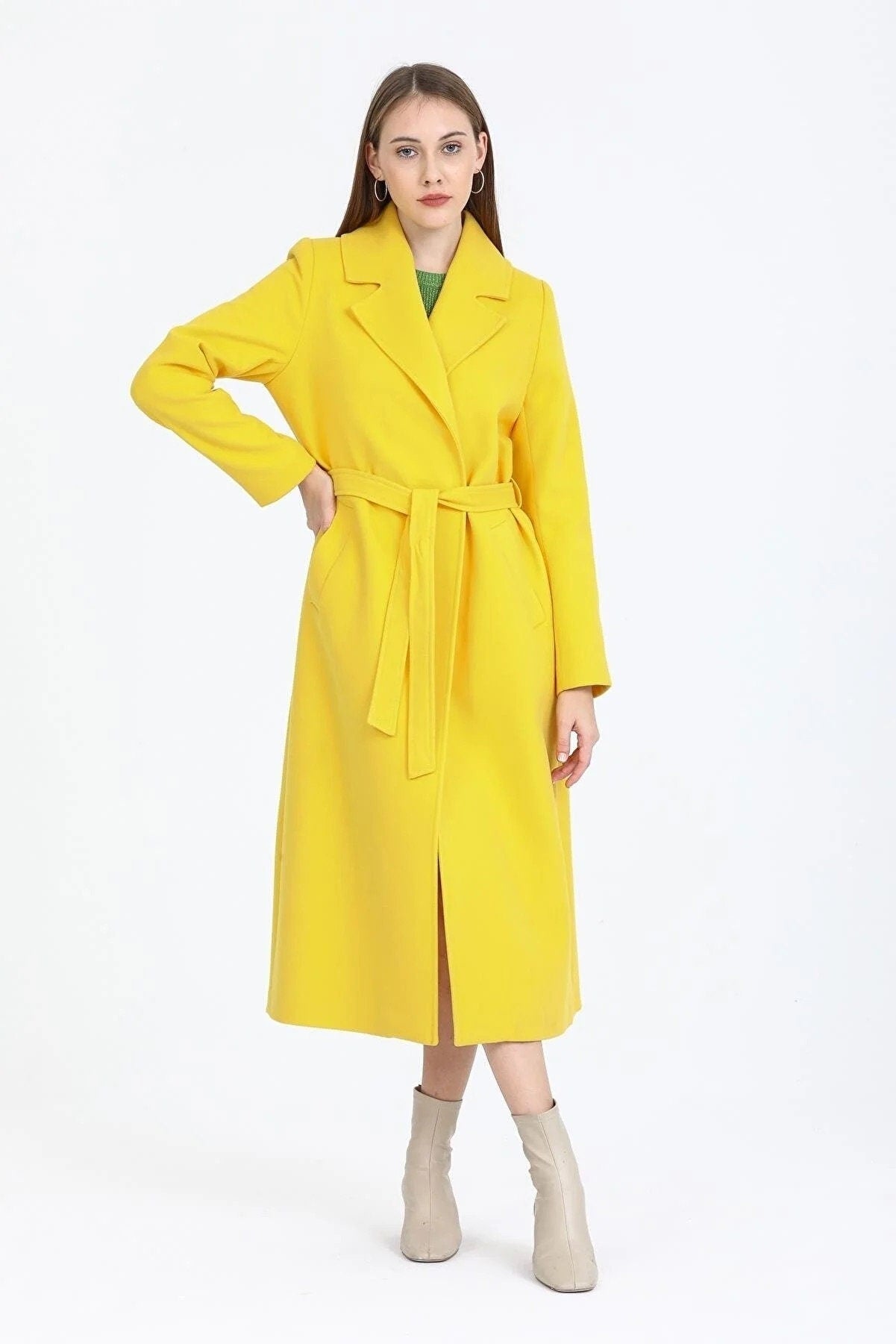 Camel Wool Long Coat with Belt and Pocket