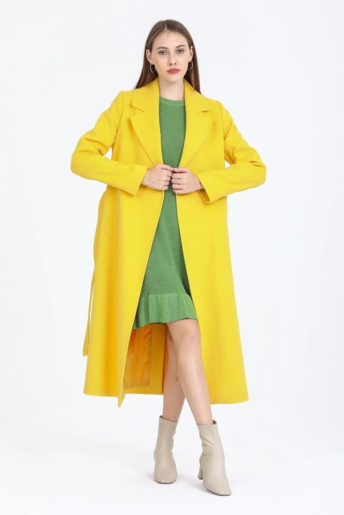 Camel Wool Long Coat with Belt and Pocket