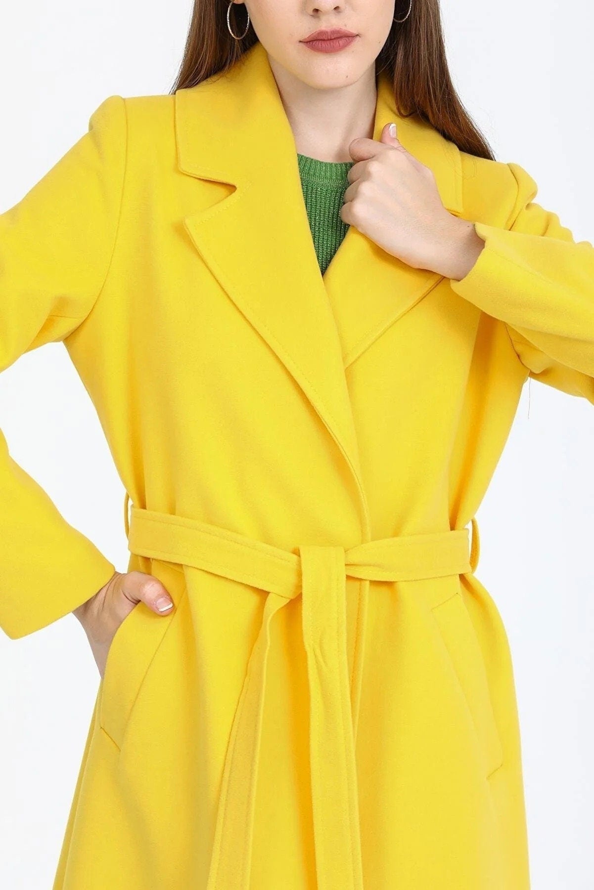 Camel Wool Long Coat with Belt and Pocket