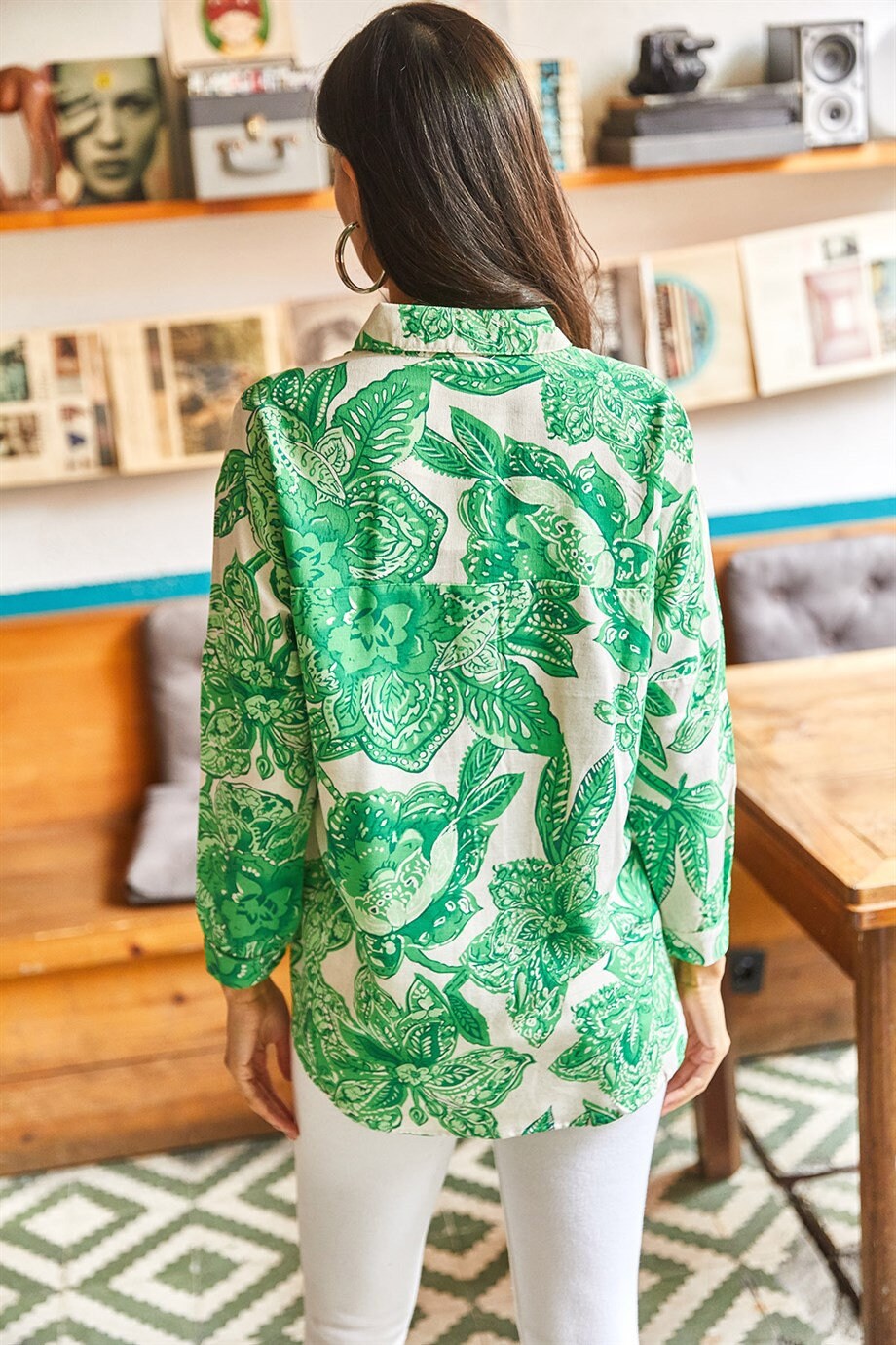 Lola Green Big Floral Designer Linen Blend Button Down Shirt