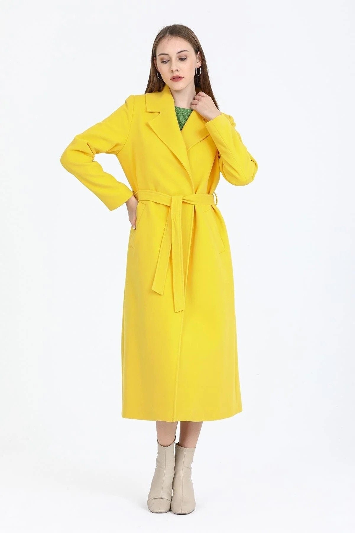 Camel Wool Long Coat with Belt and Pocket