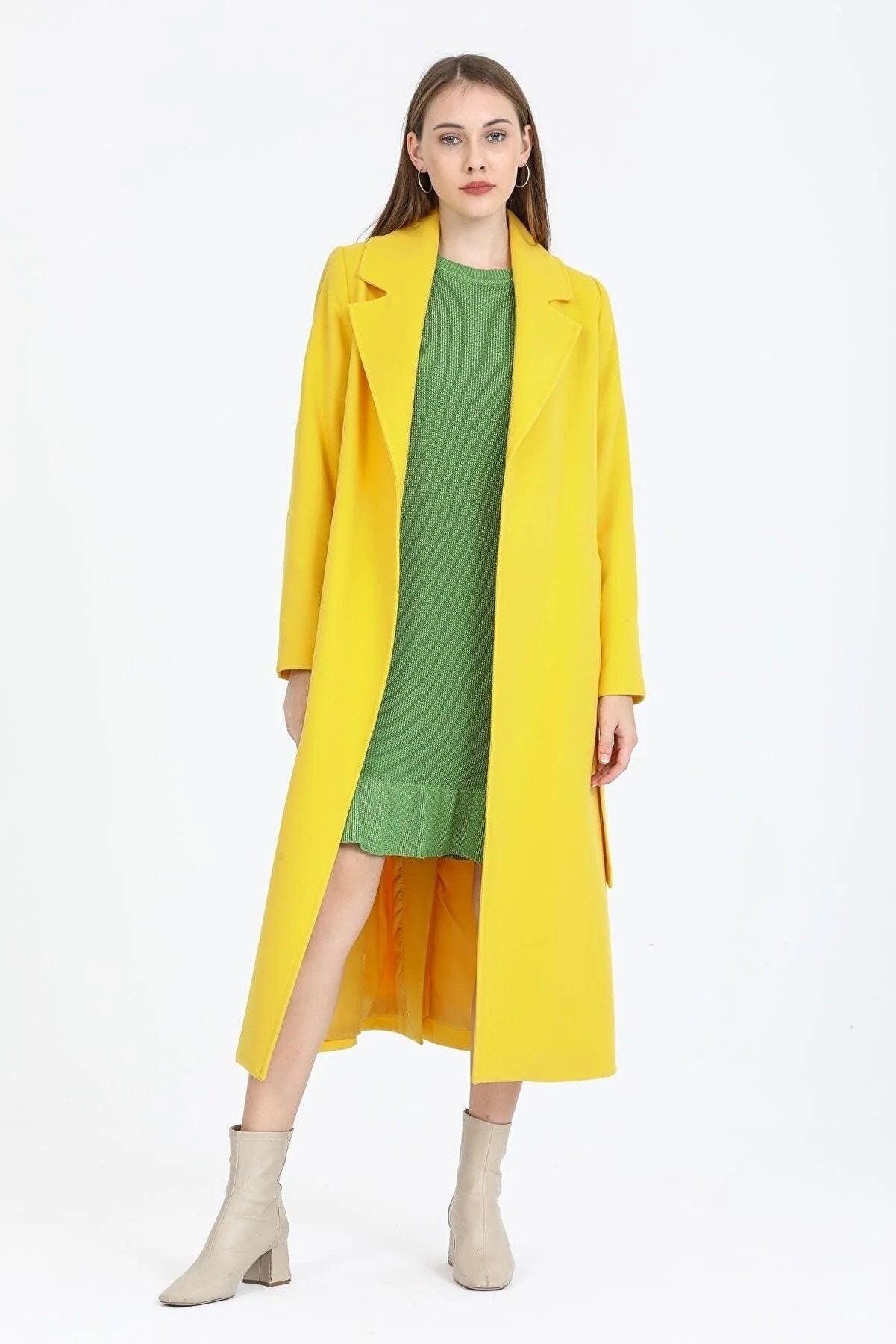 Camel Wool Long Coat with Belt and Pocket