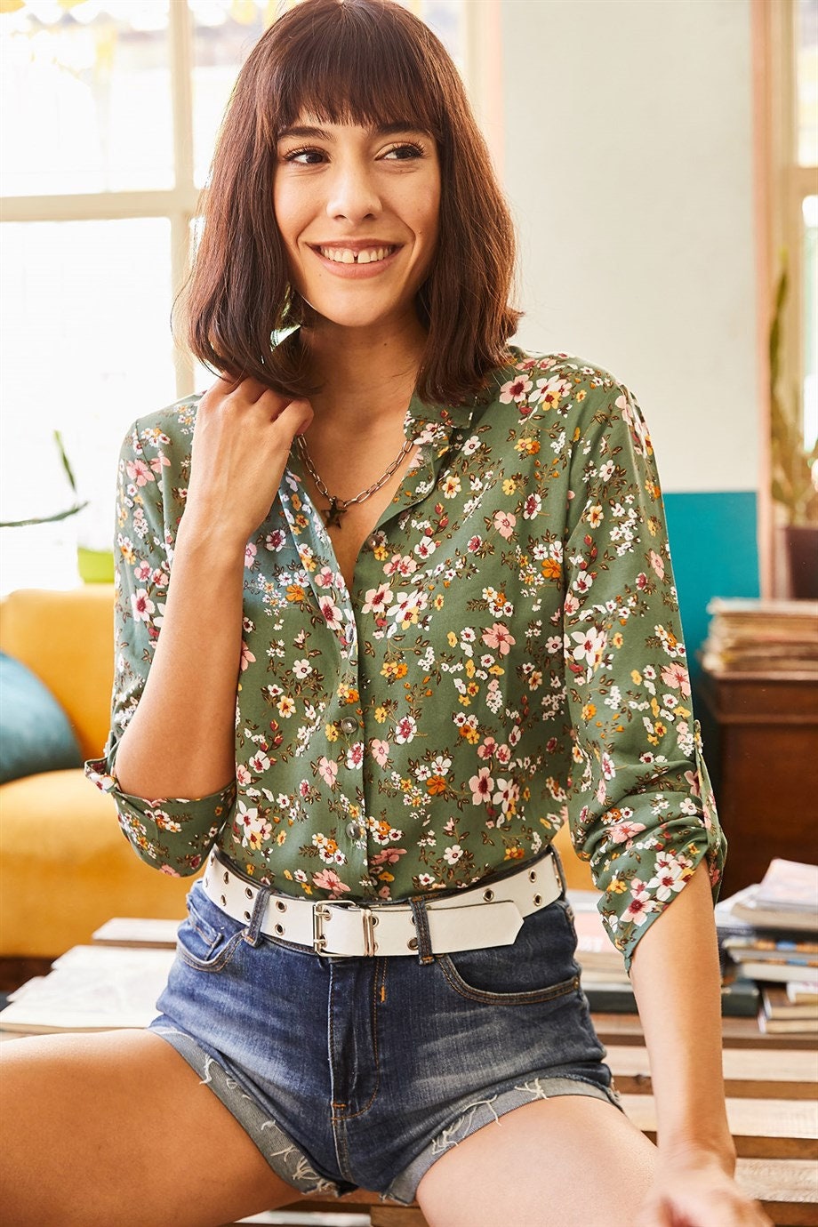 Green Floral Button Down Shirt