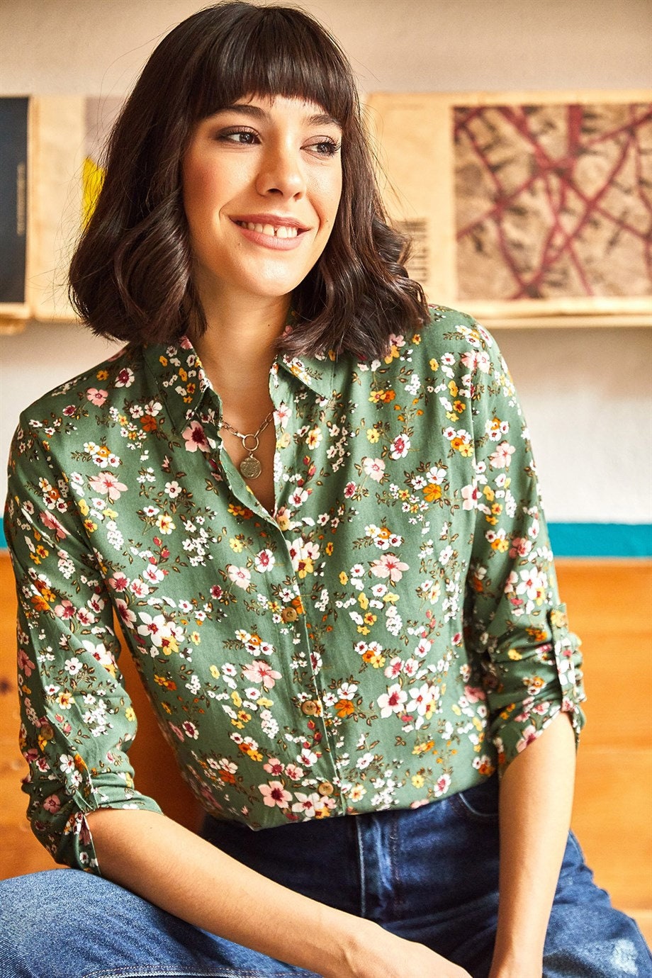 Green Floral Button Down Shirt