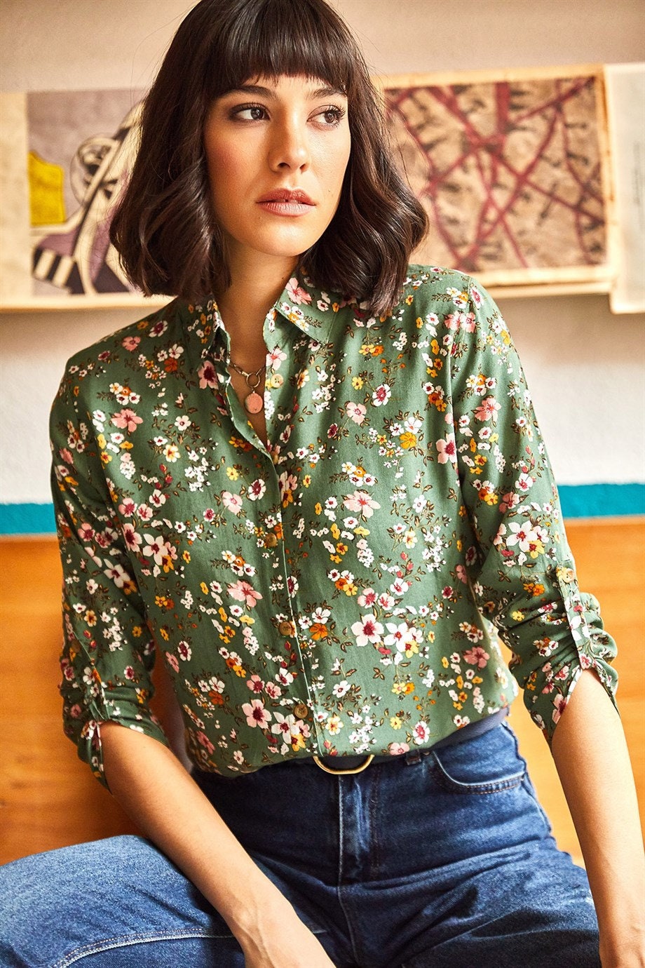 Green Floral Button Down Shirt