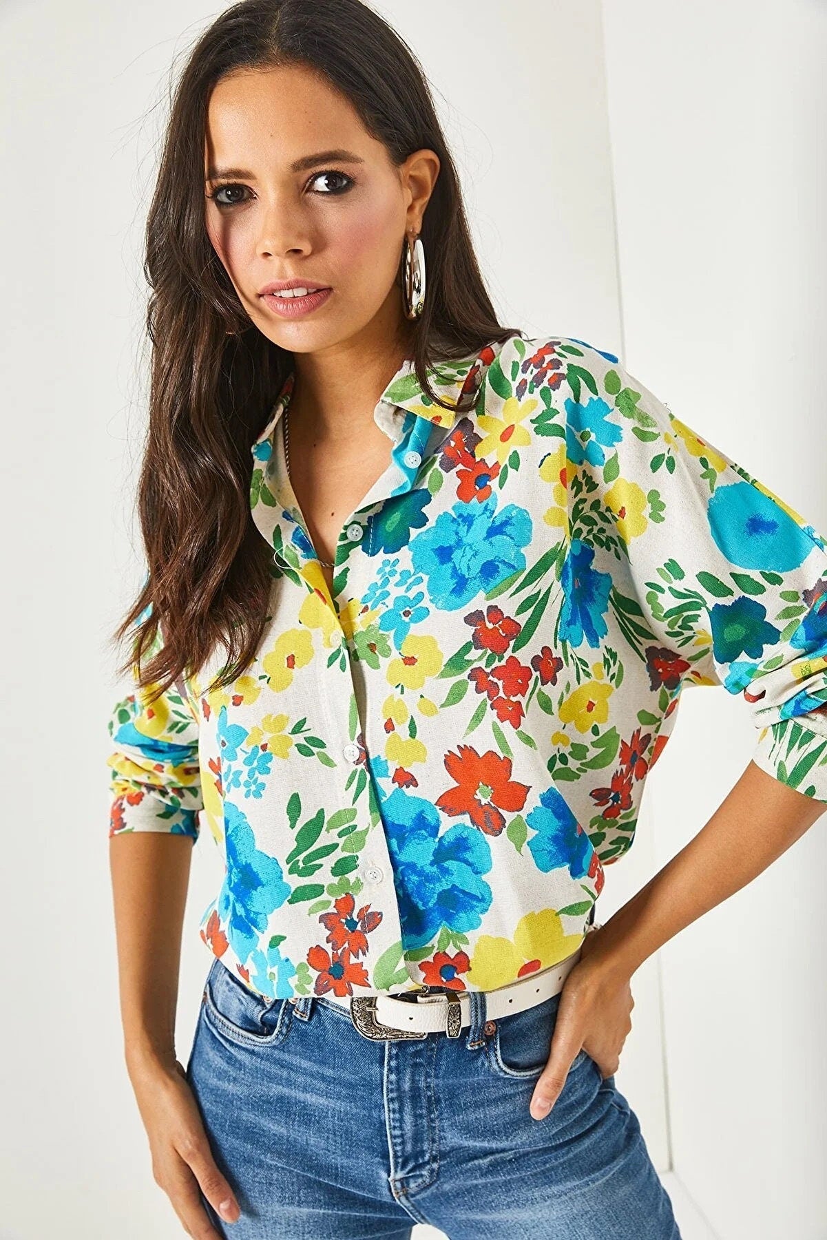 Blue Floral Print Linen Blend Button Down Blouse