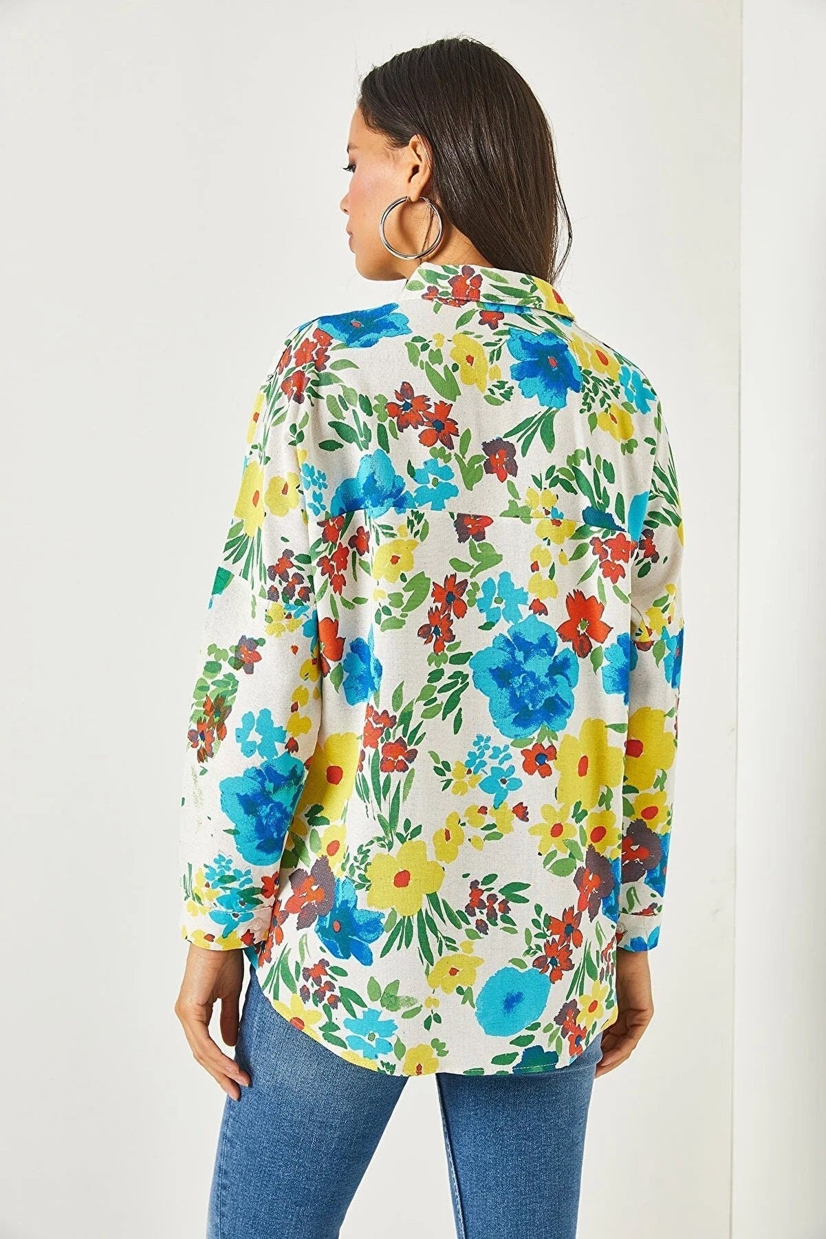 Blue Floral Print Linen Blend Button Down Blouse