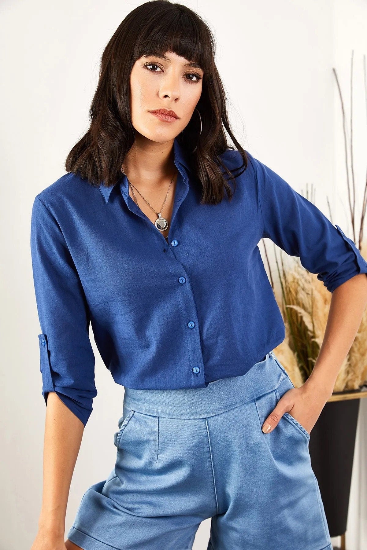 Verona Dark Blue Linen Long Sleeve Button Down Shirt