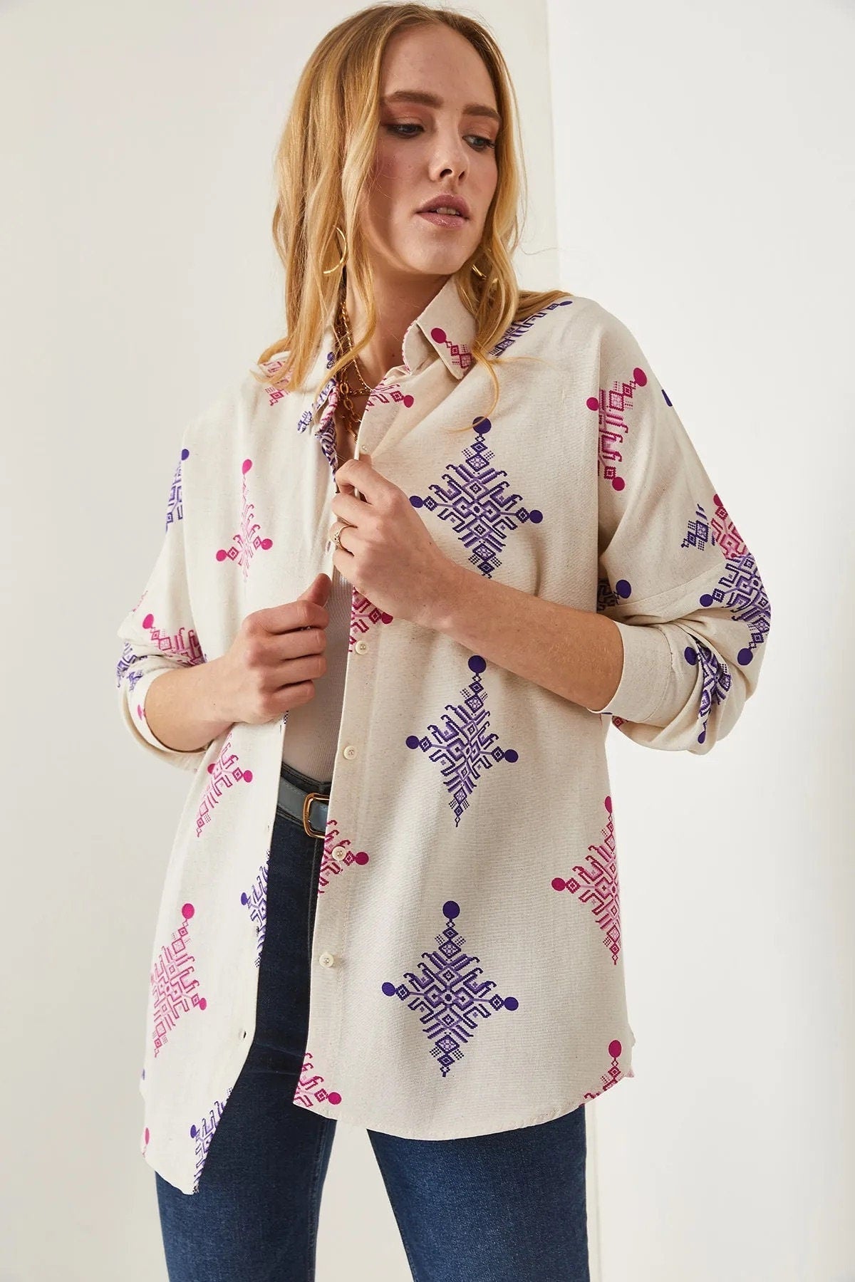 Lola Geometric Print Linen Blouse