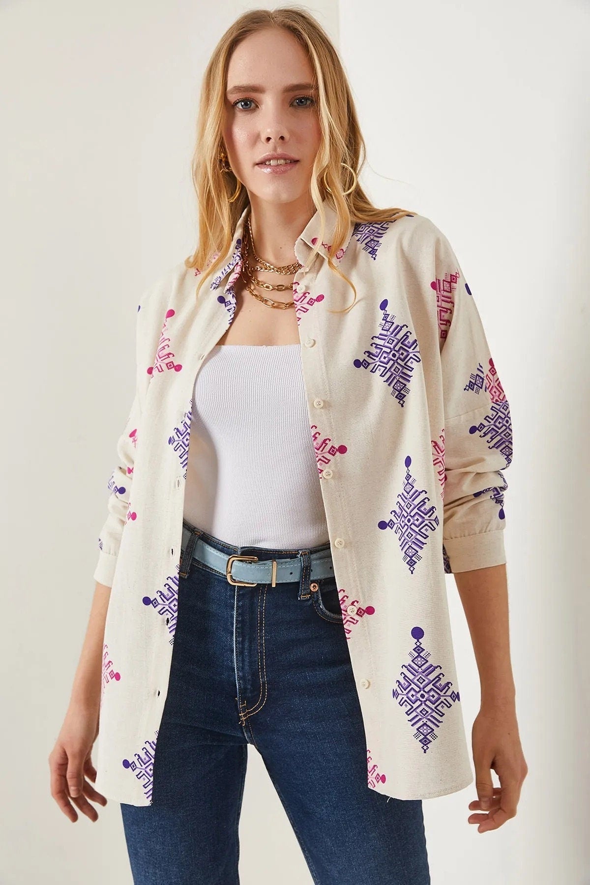 Lola Geometric Print Linen Blouse