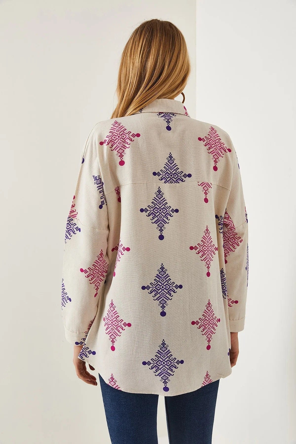 Lola Geometric Print Linen Blouse
