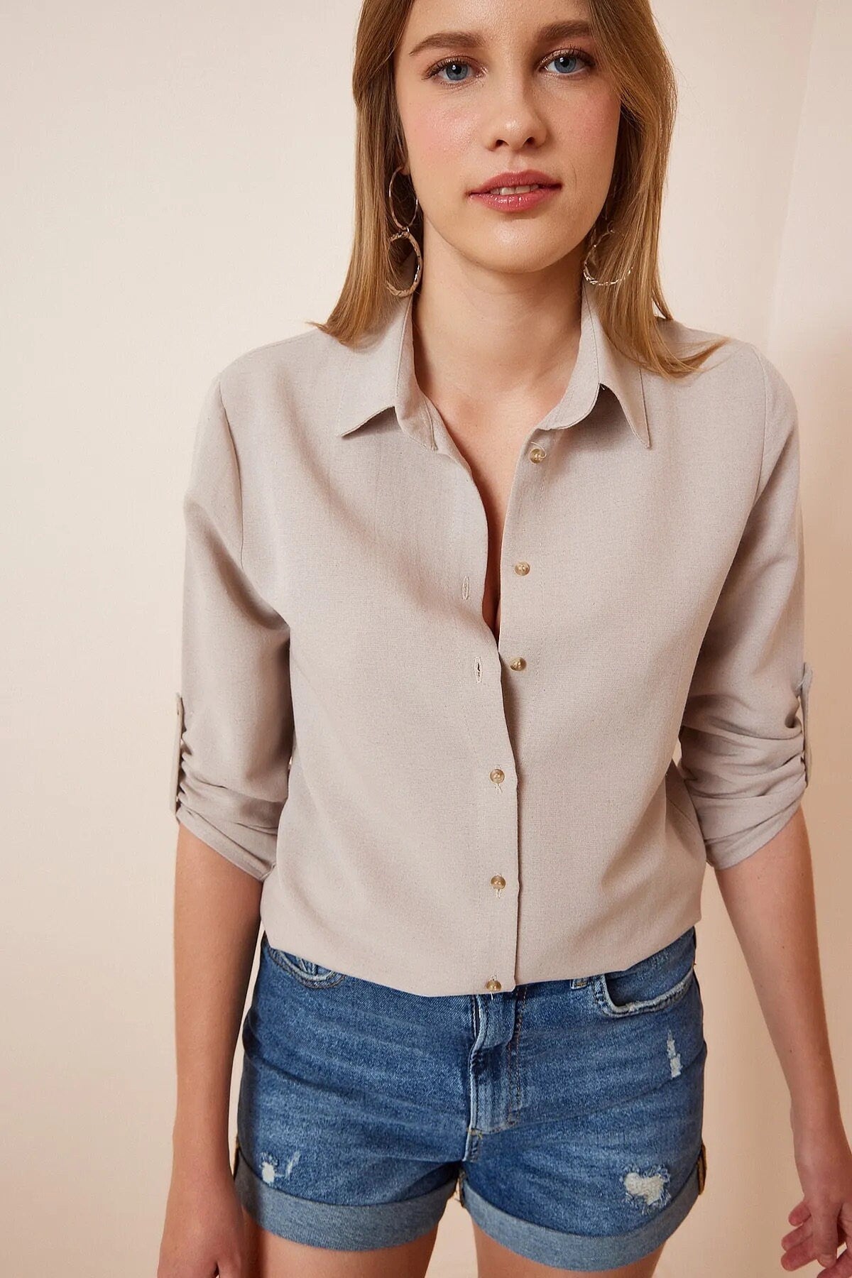 Beige Linen Blend Button Down Shirt