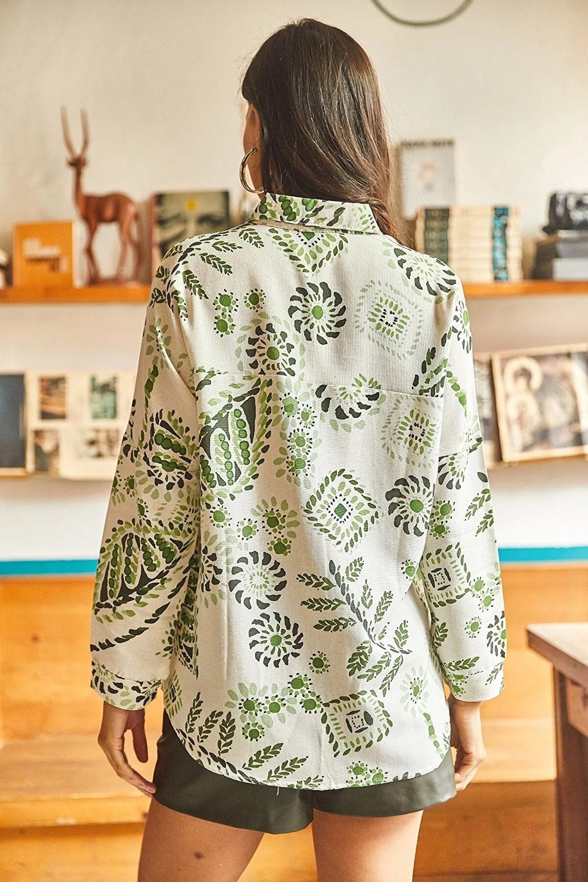 Lola Green Floral Print Linen Blend Button Down Blouse