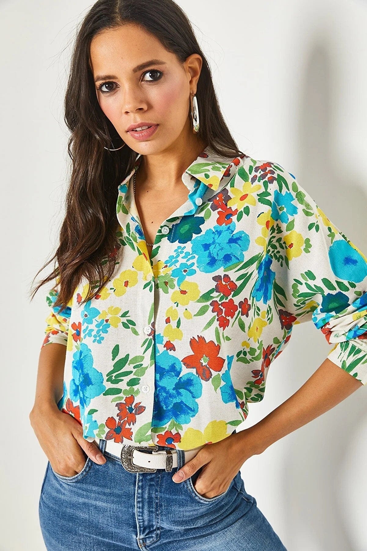Blue Floral Print Linen Blend Button Down Blouse