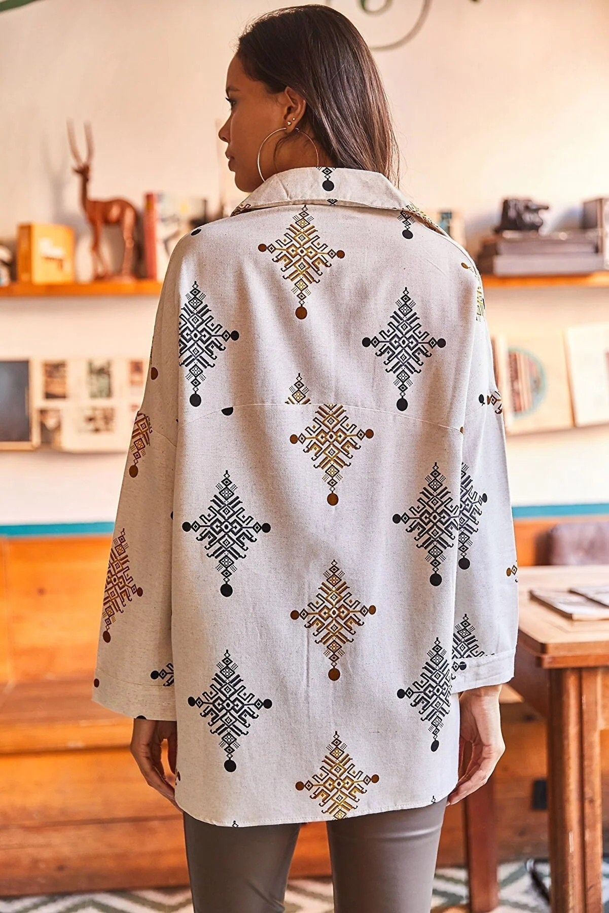 Lola Geometric Print Linen Blouse