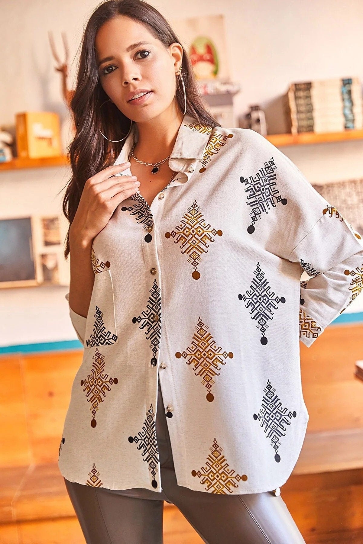 Lola Geometric Print Linen Blouse