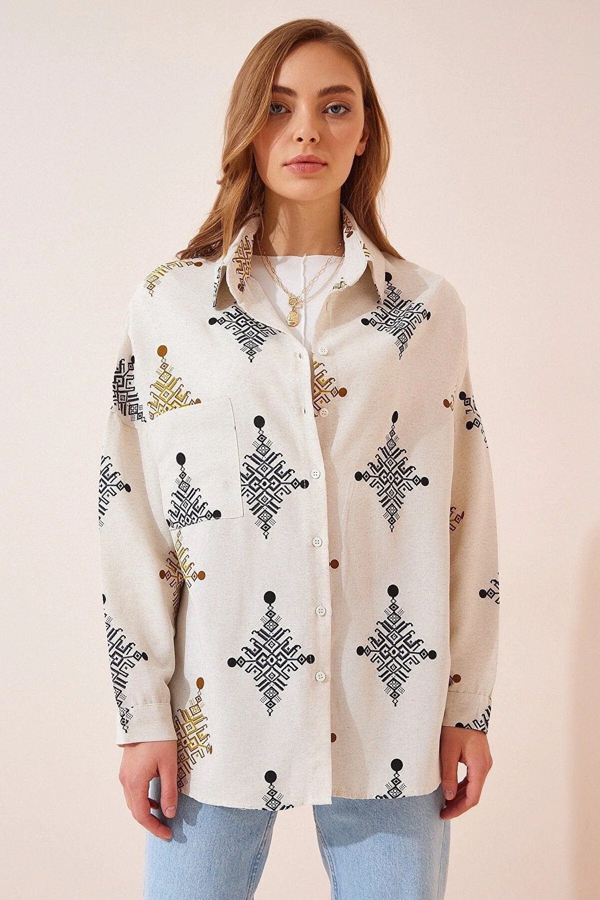 Lola Geometric Print Linen Blouse