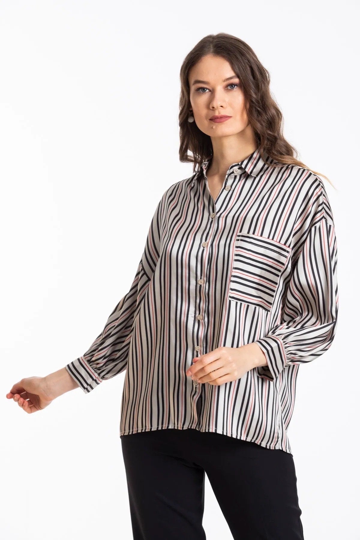 Striped Satin Button-Down Shirt
