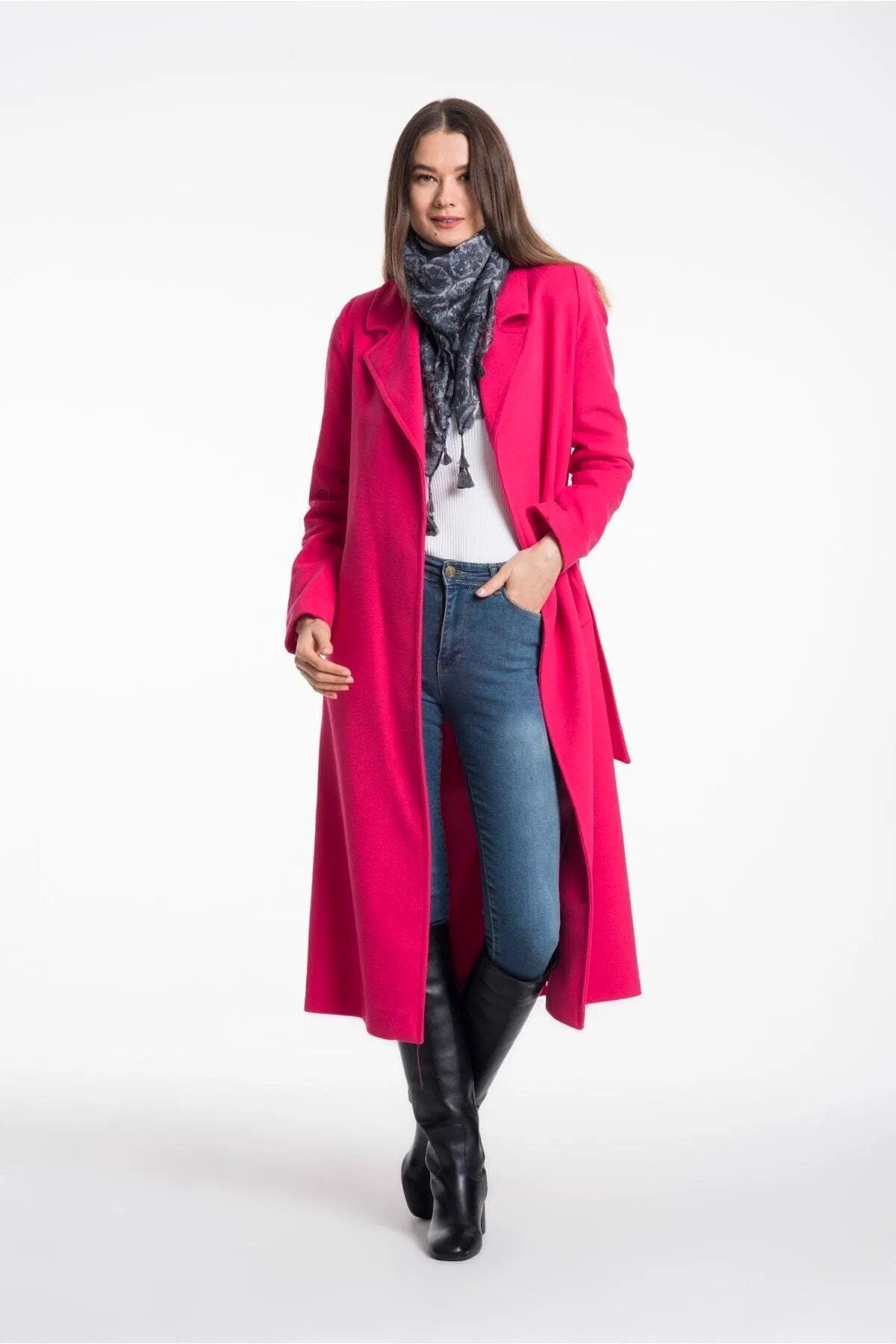 Camel Wool Long Coat with Belt and Pocket