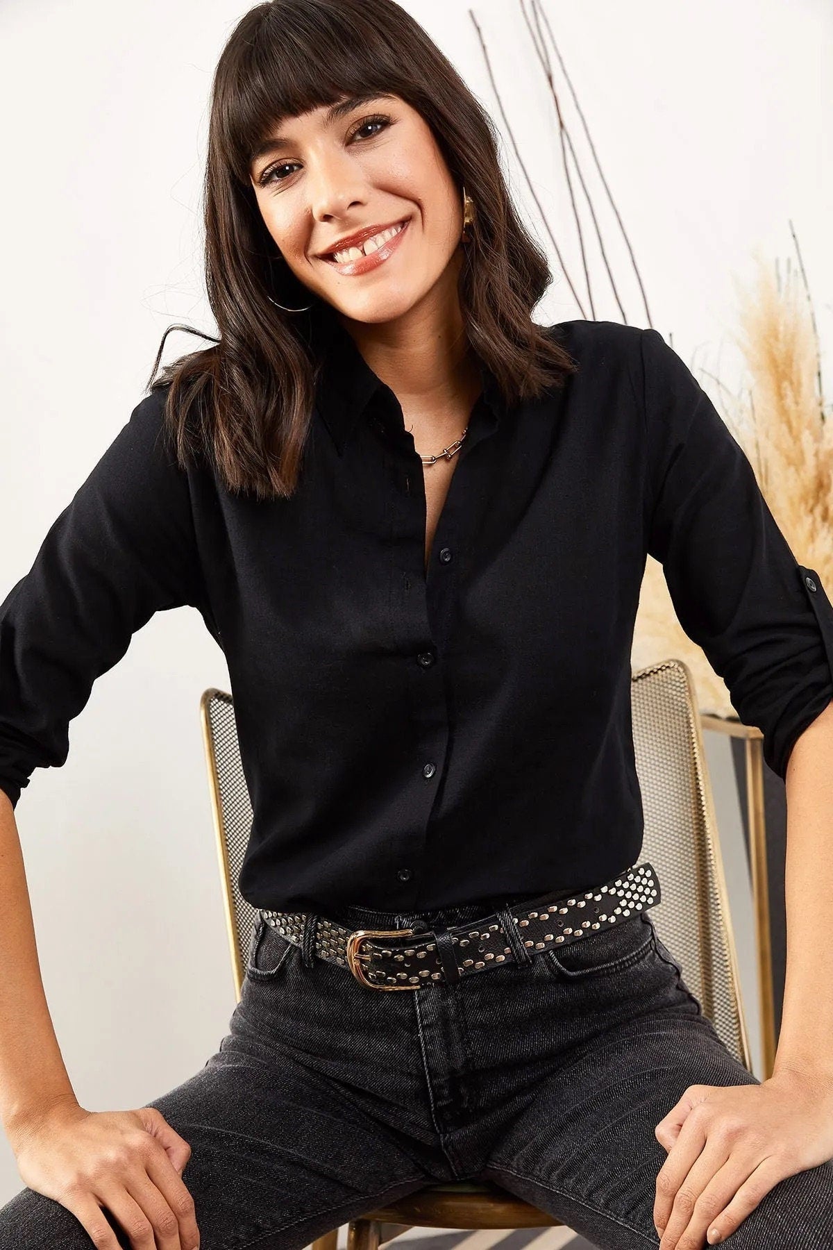 Verona Black Linen Long Sleeve Button Down Shirt