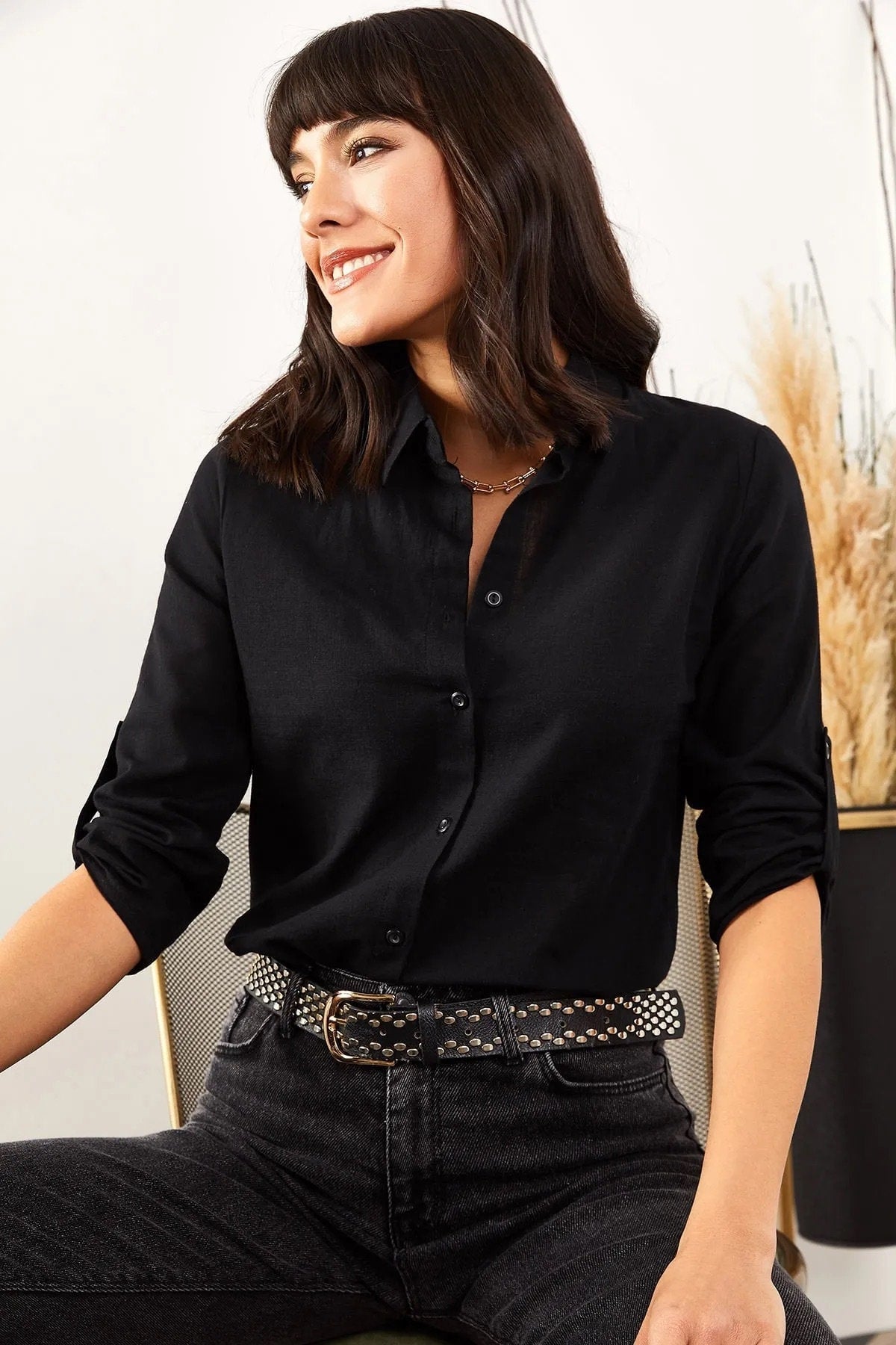 Verona Black Linen Long Sleeve Button Down Shirt