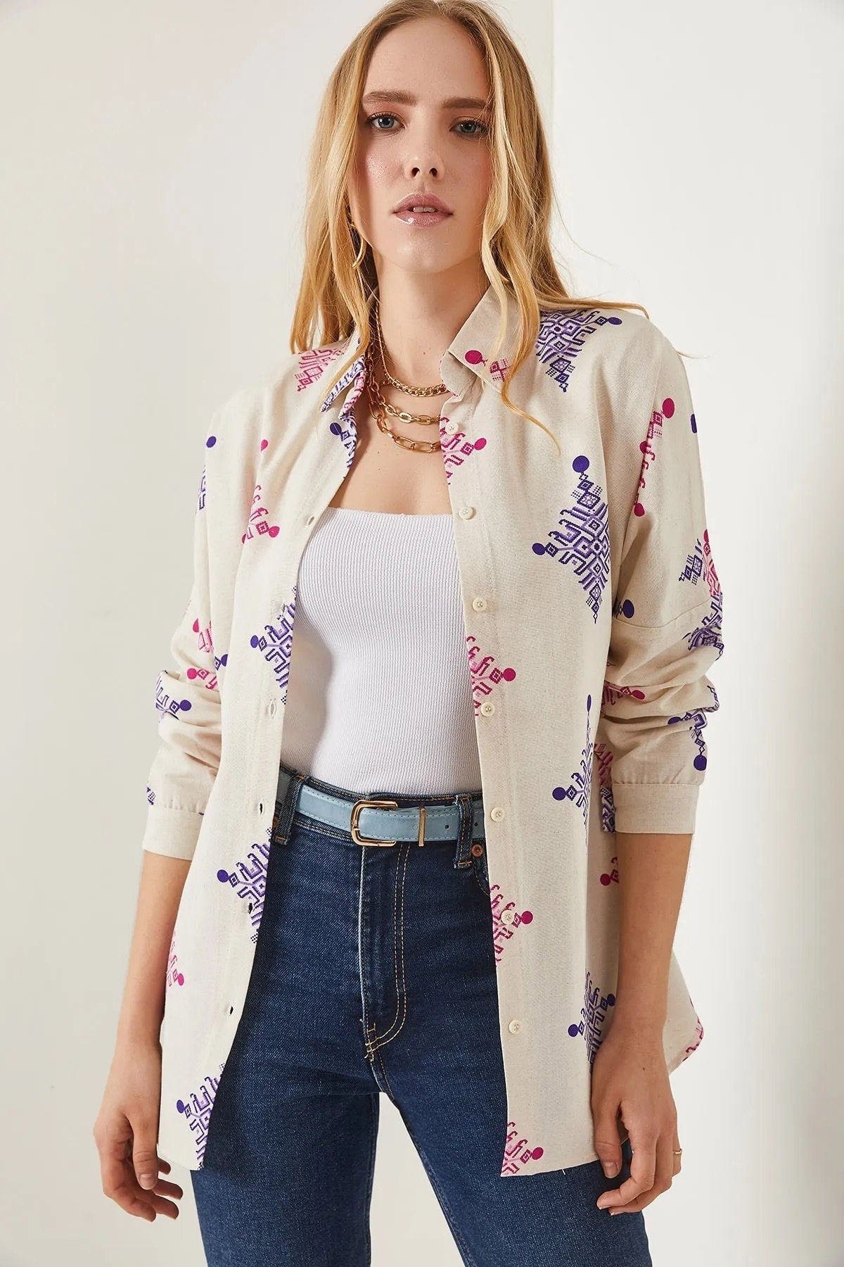 Lola Geometric Print Linen Blouse