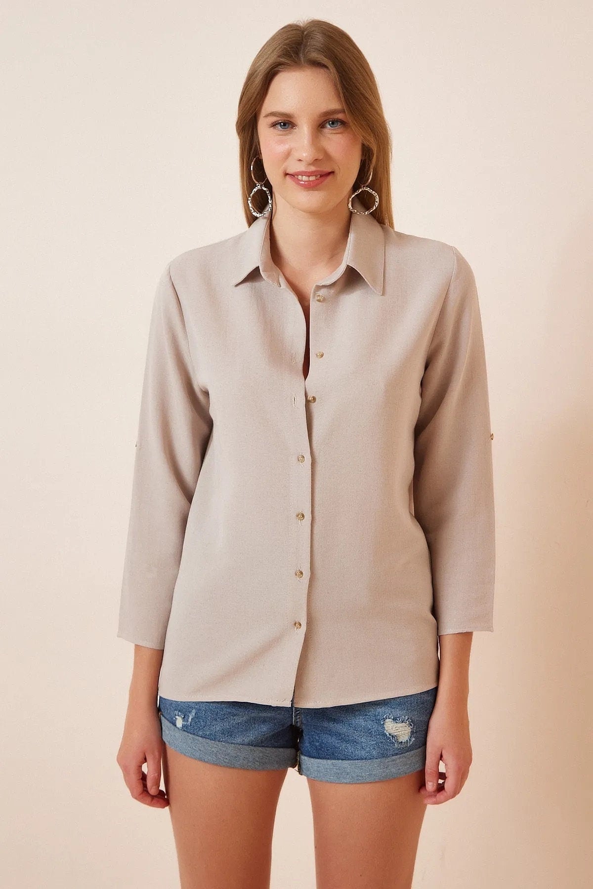 Beige Linen Blend Button Down Shirt
