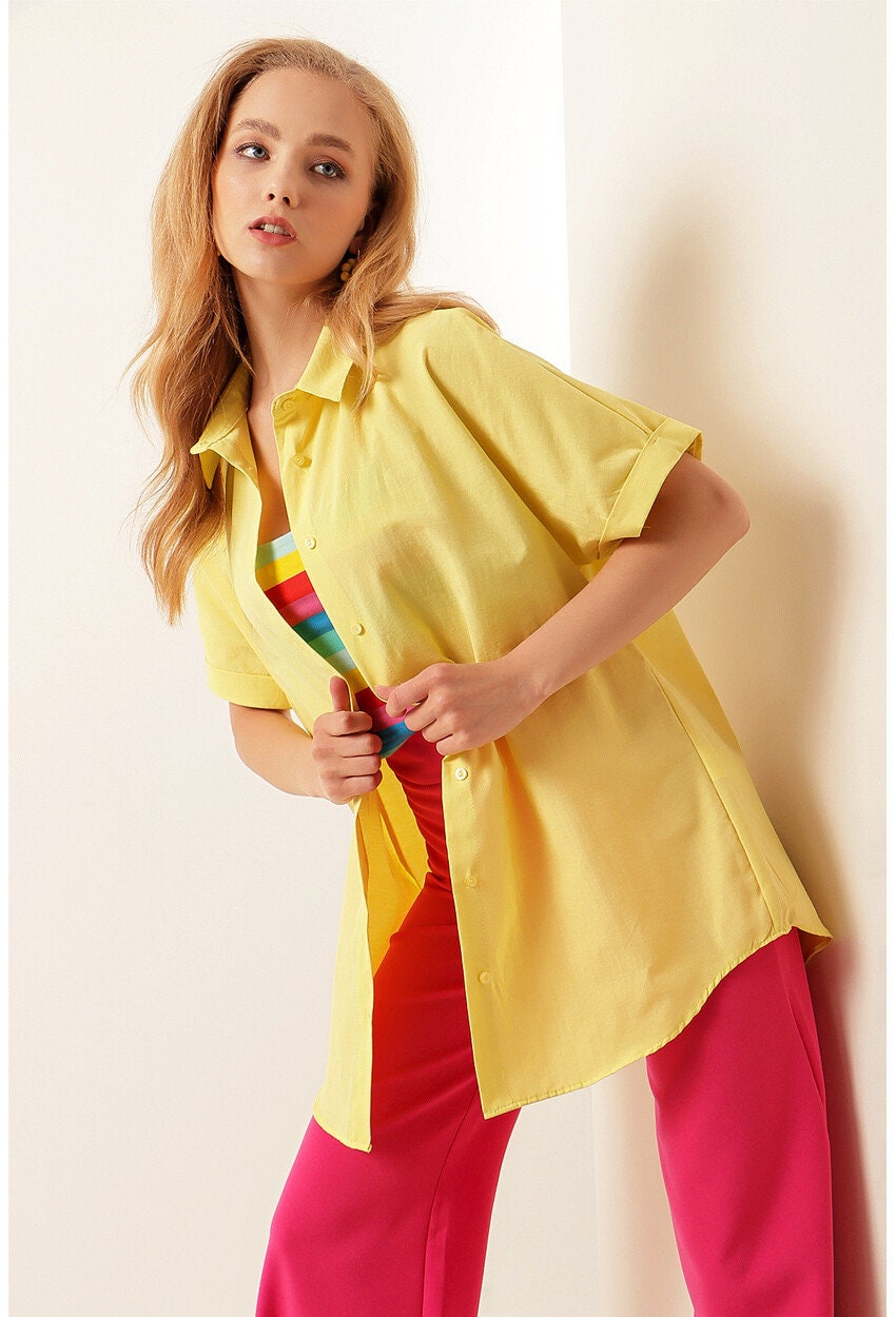 Yellow Short Sleeve Oversize Button Down Shirt