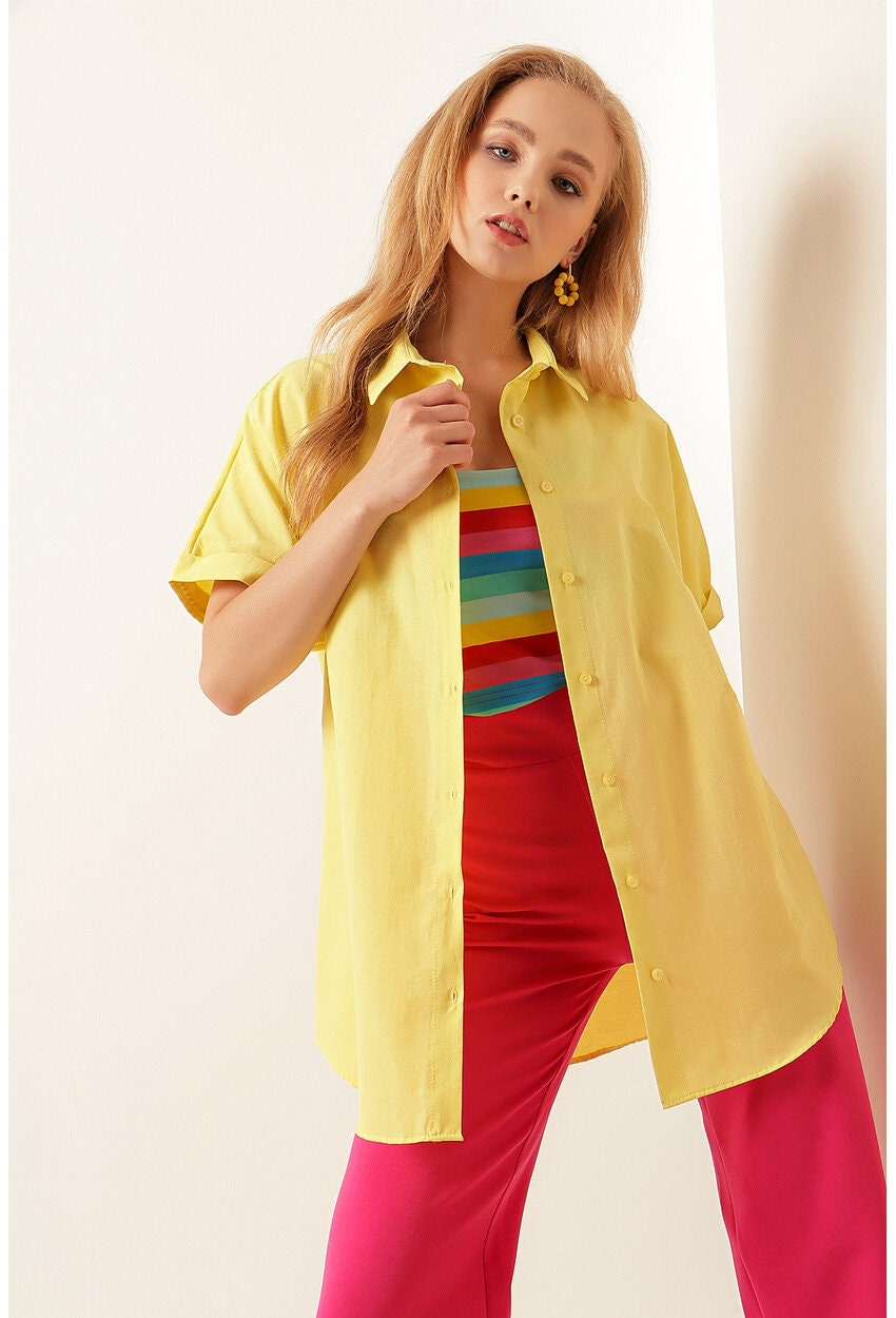 Yellow Short Sleeve Oversize Button Down Shirt