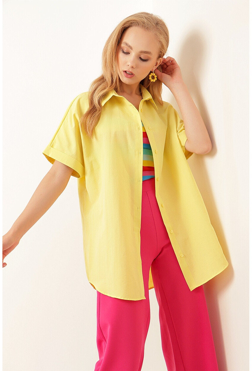 Yellow Short Sleeve Oversize Button Down Shirt