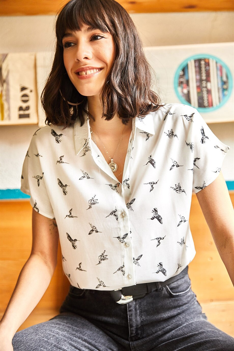 Bird Print Short Sleeve Blouse