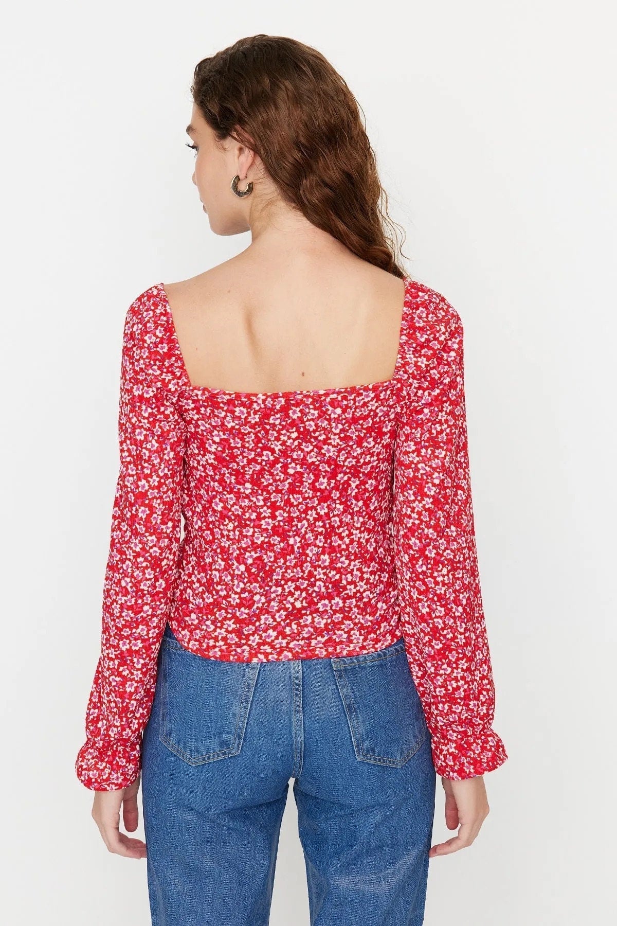 Black Floral Print Balloon Sleeve Heart Collar Blouse