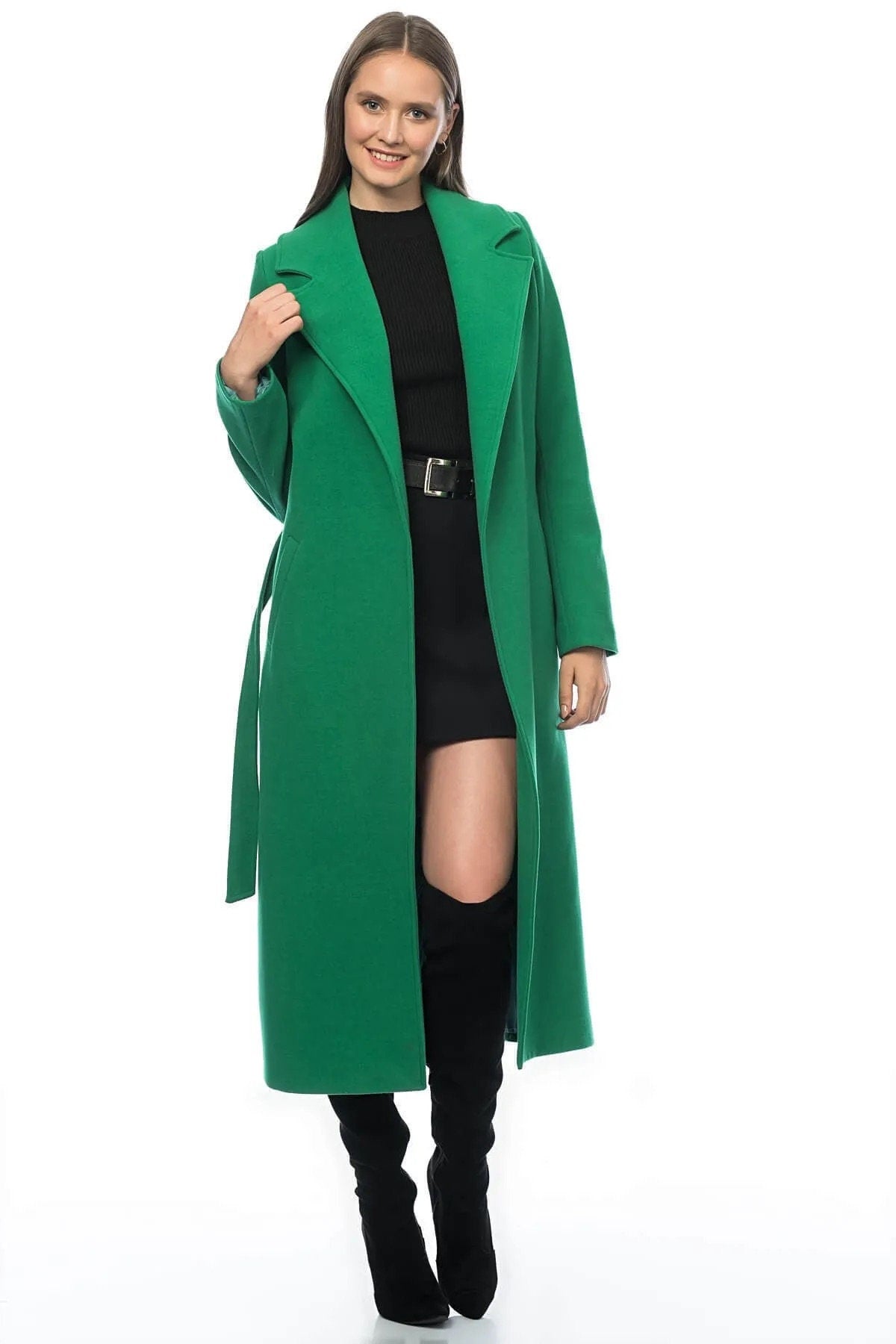 Camel Wool Long Coat with Belt and Pocket