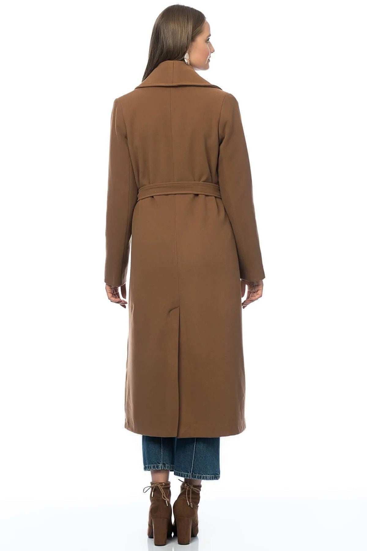 Camel Wool Long Coat with Belt and Pocket
