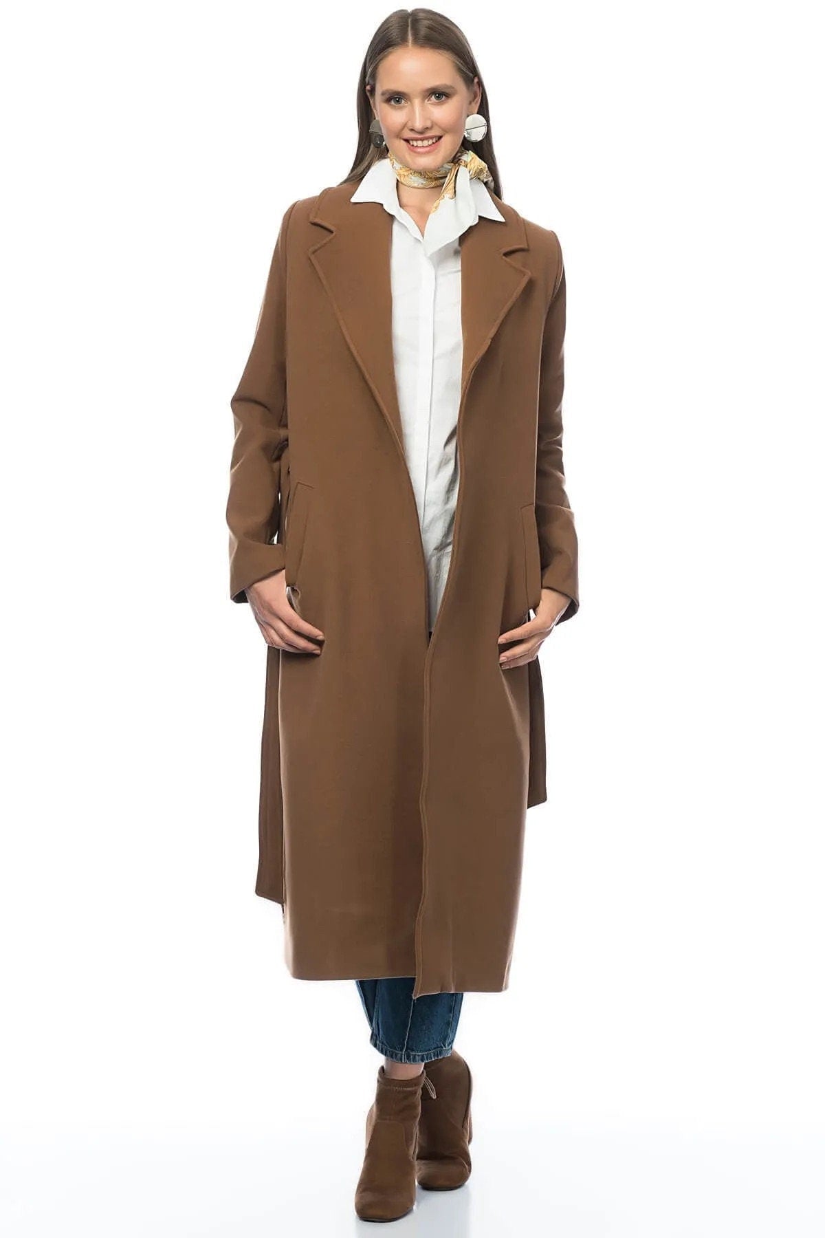 Camel Wool Long Coat with Belt and Pocket