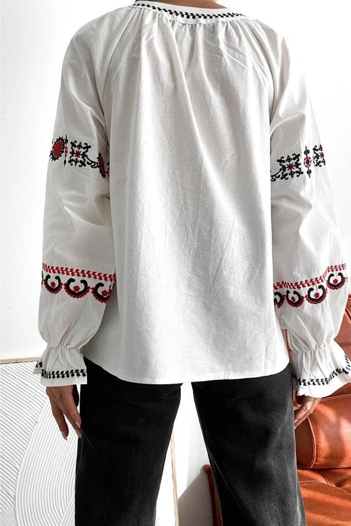 Red Black Embroidered White Ethnic Blouse