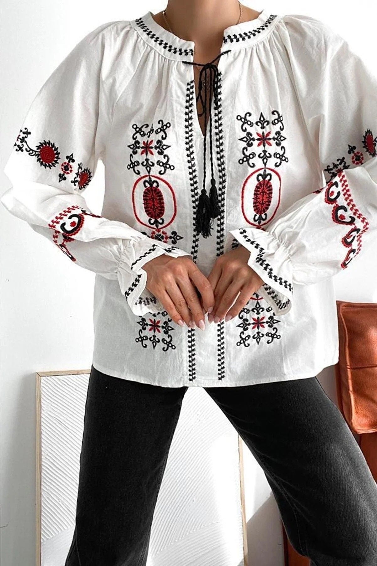 Red Black Embroidered White Ethnic Blouse