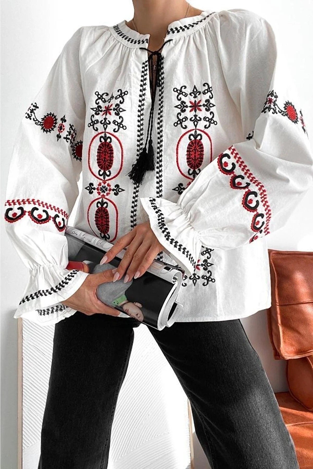 Red Black Embroidered White Ethnic Blouse