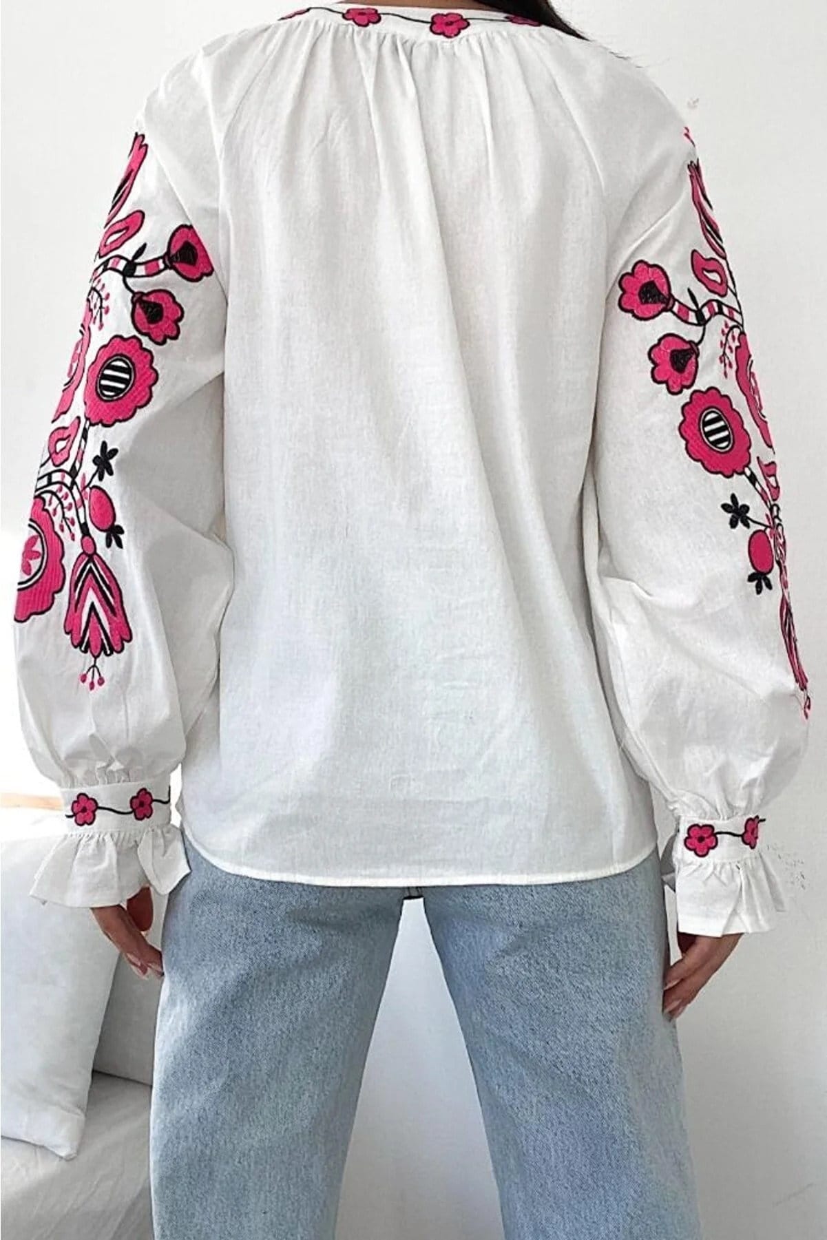 Pink Floral Embroidery Cotton Peasant Blouse