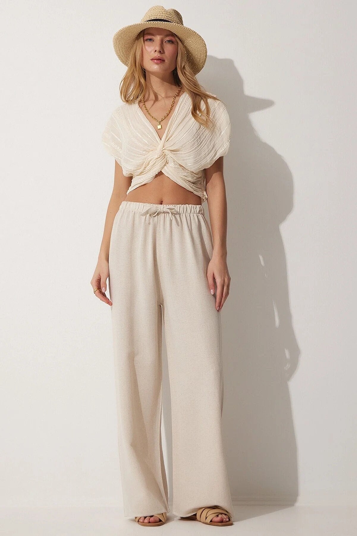 Clara Turquoise Wide Leg Linen Pants