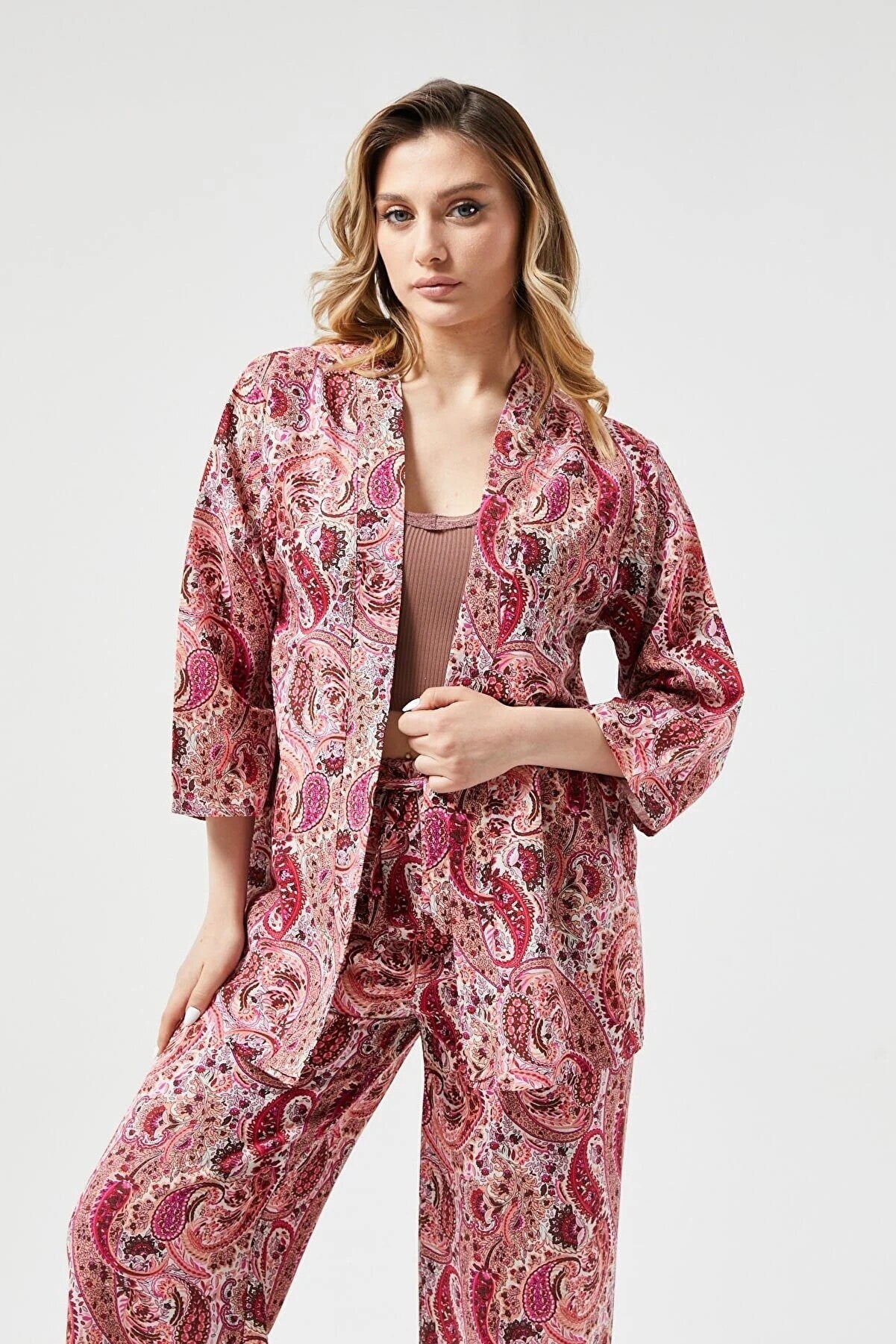 Red Paisley Linen Kimono Cardigan