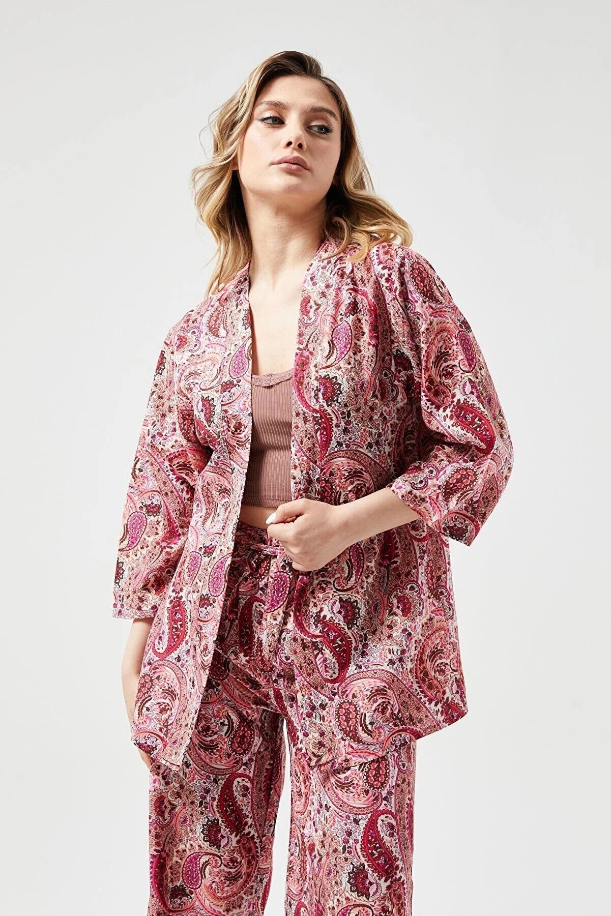 Red Paisley Linen Kimono Cardigan