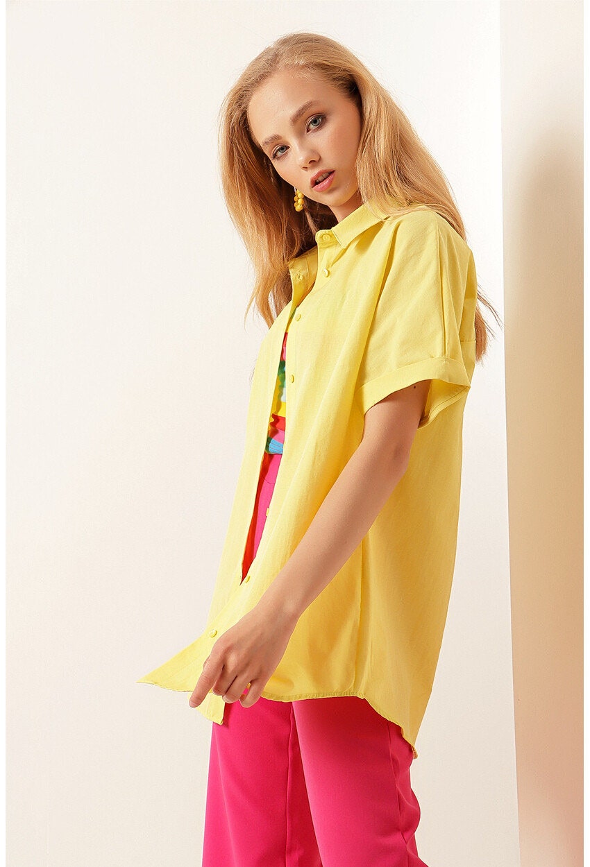Yellow Short Sleeve Oversize Button Down Shirt