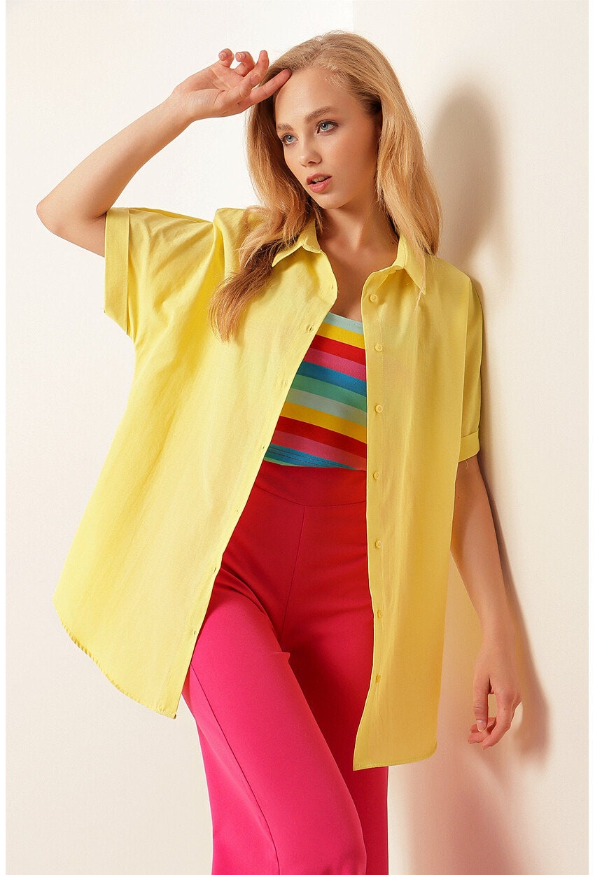 Yellow Short Sleeve Oversize Button Down Shirt