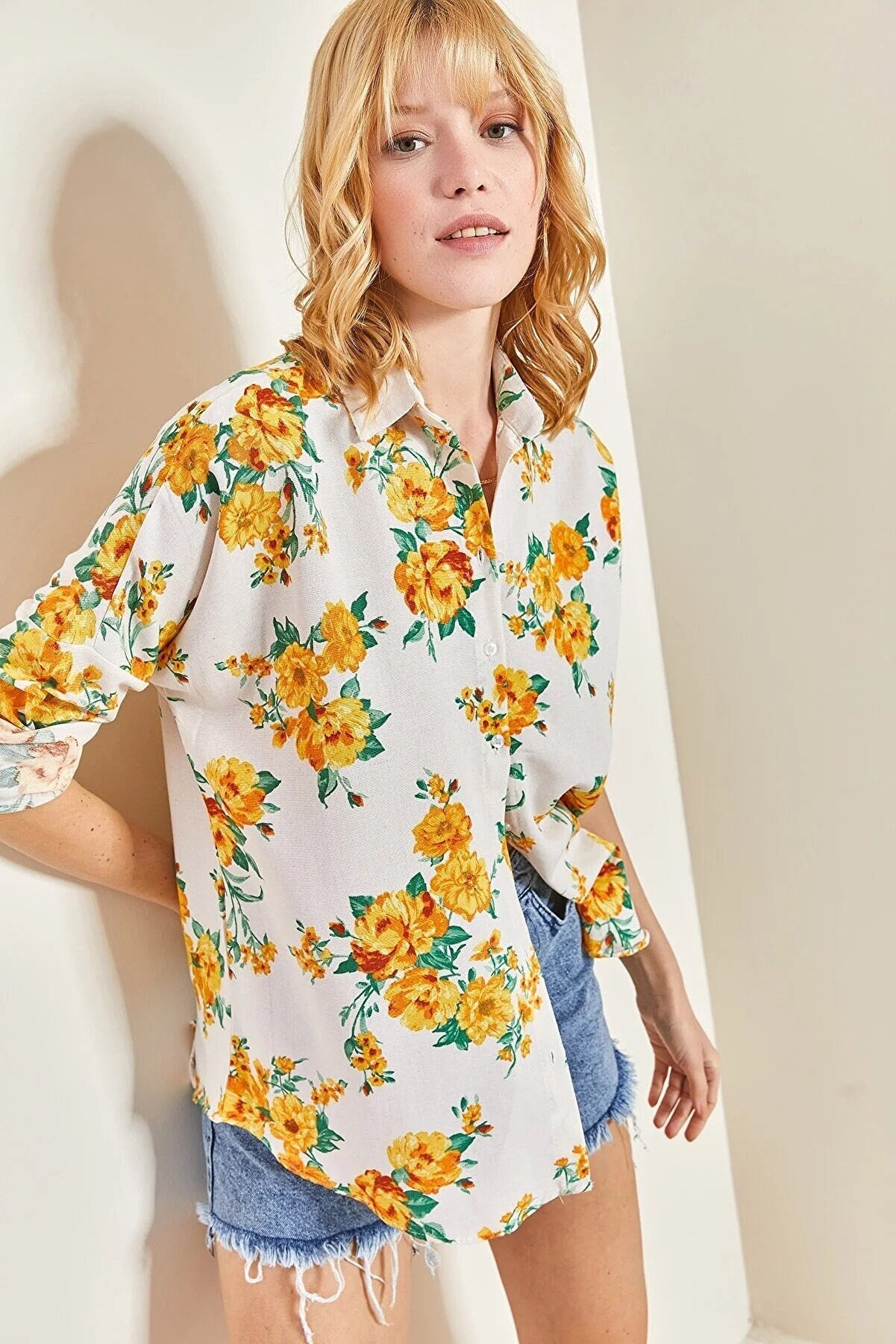 Lola Yellow Floral Pattern Linen Button Down Blouse