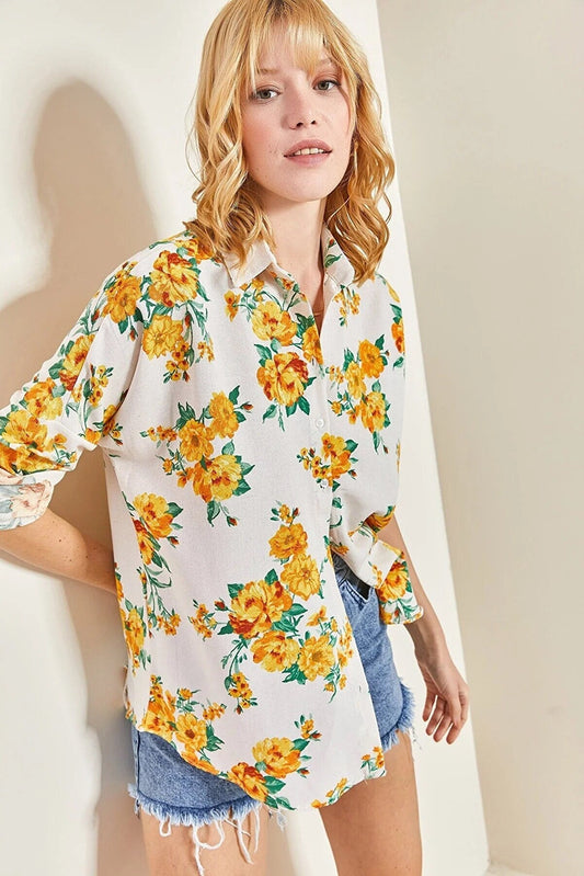 Lola Yellow Floral Pattern Linen Button Down Blouse