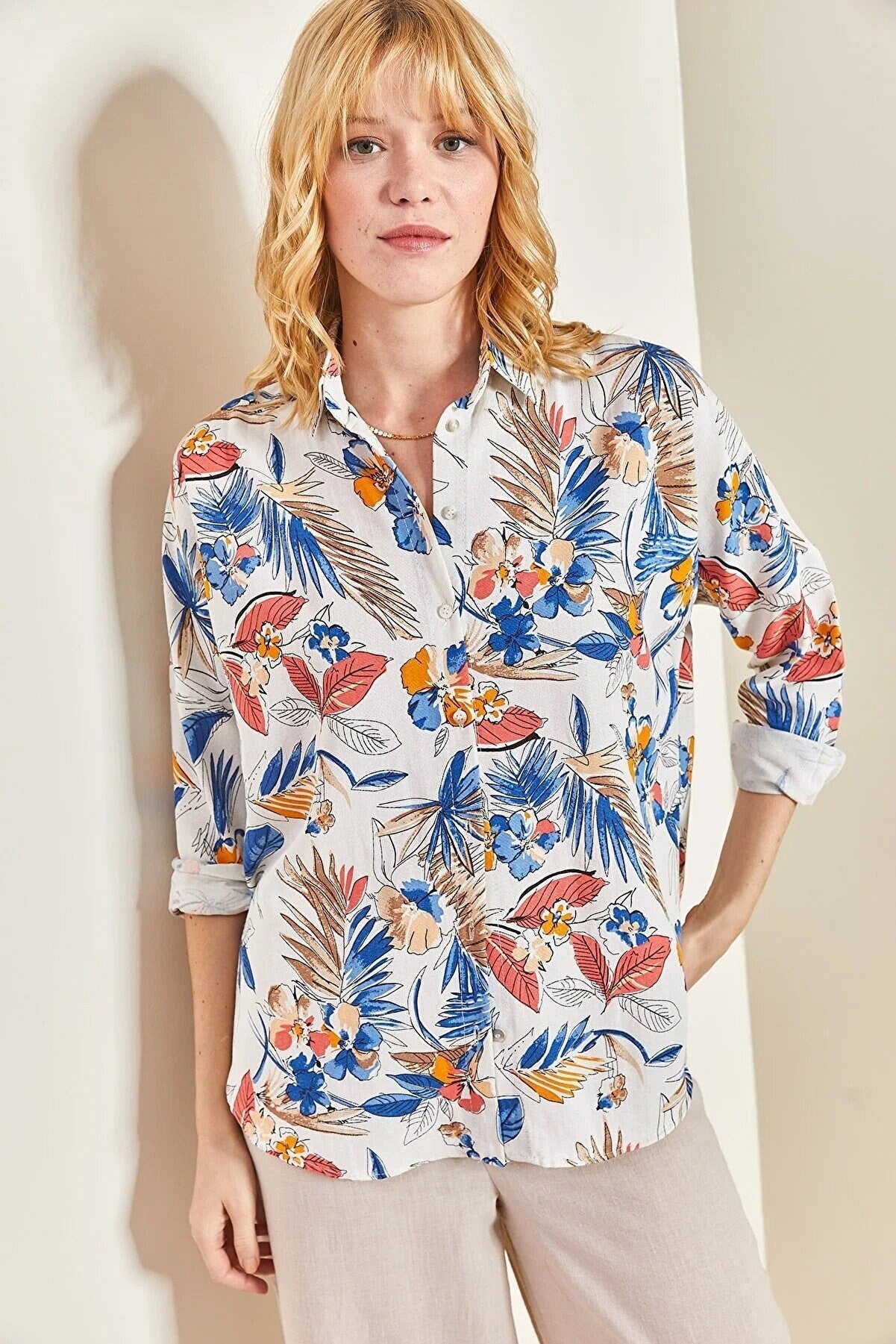 Lola Soft Blue & Pink Floral Linen Blouse